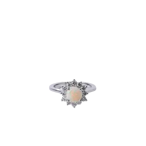 14k White Gold Opal and Diamond Halo Ring
