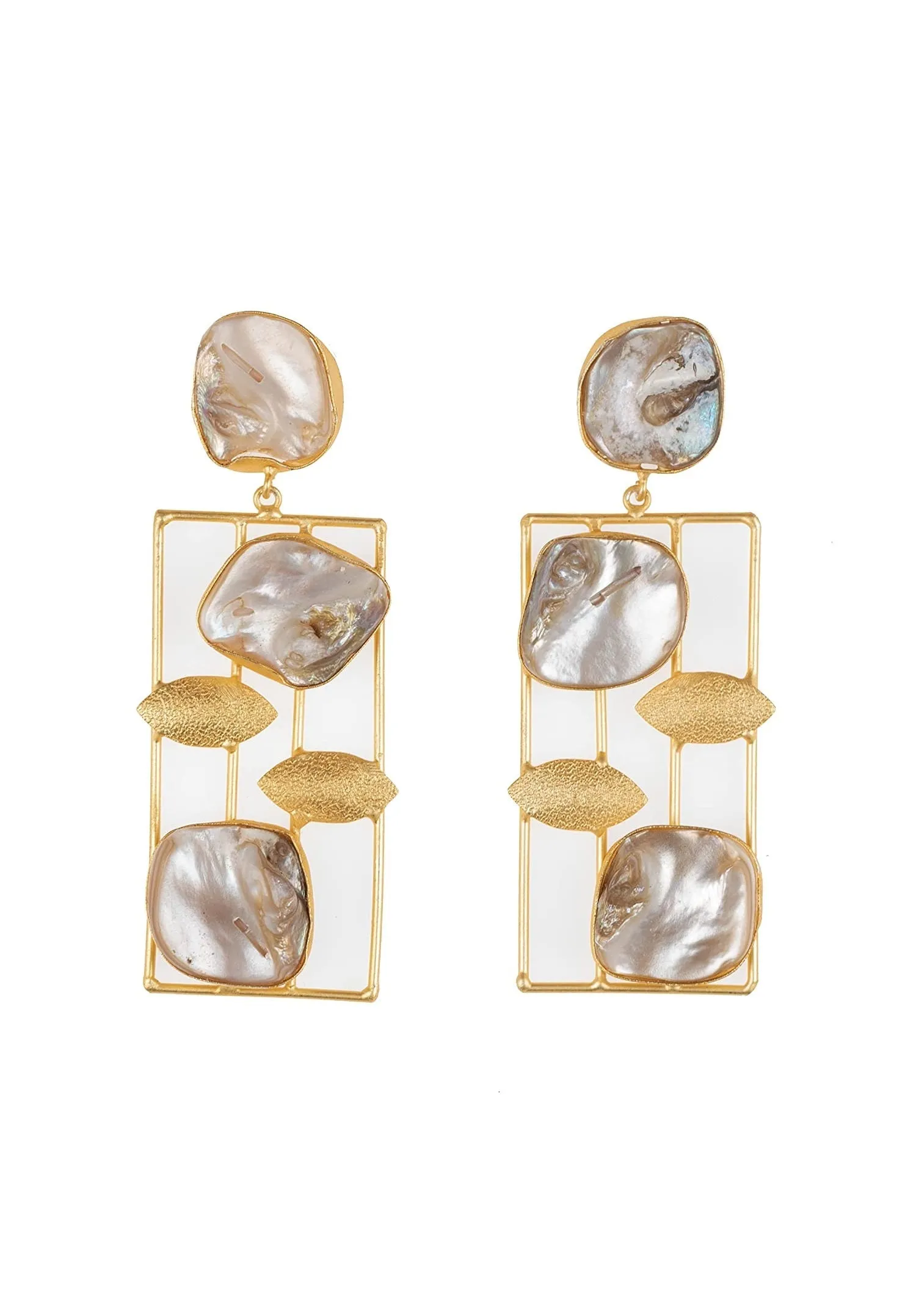 Designer Mother Of Pearl Brass Stud Dangle Earrings - Unique Statement Jewelry For Any Occasion
