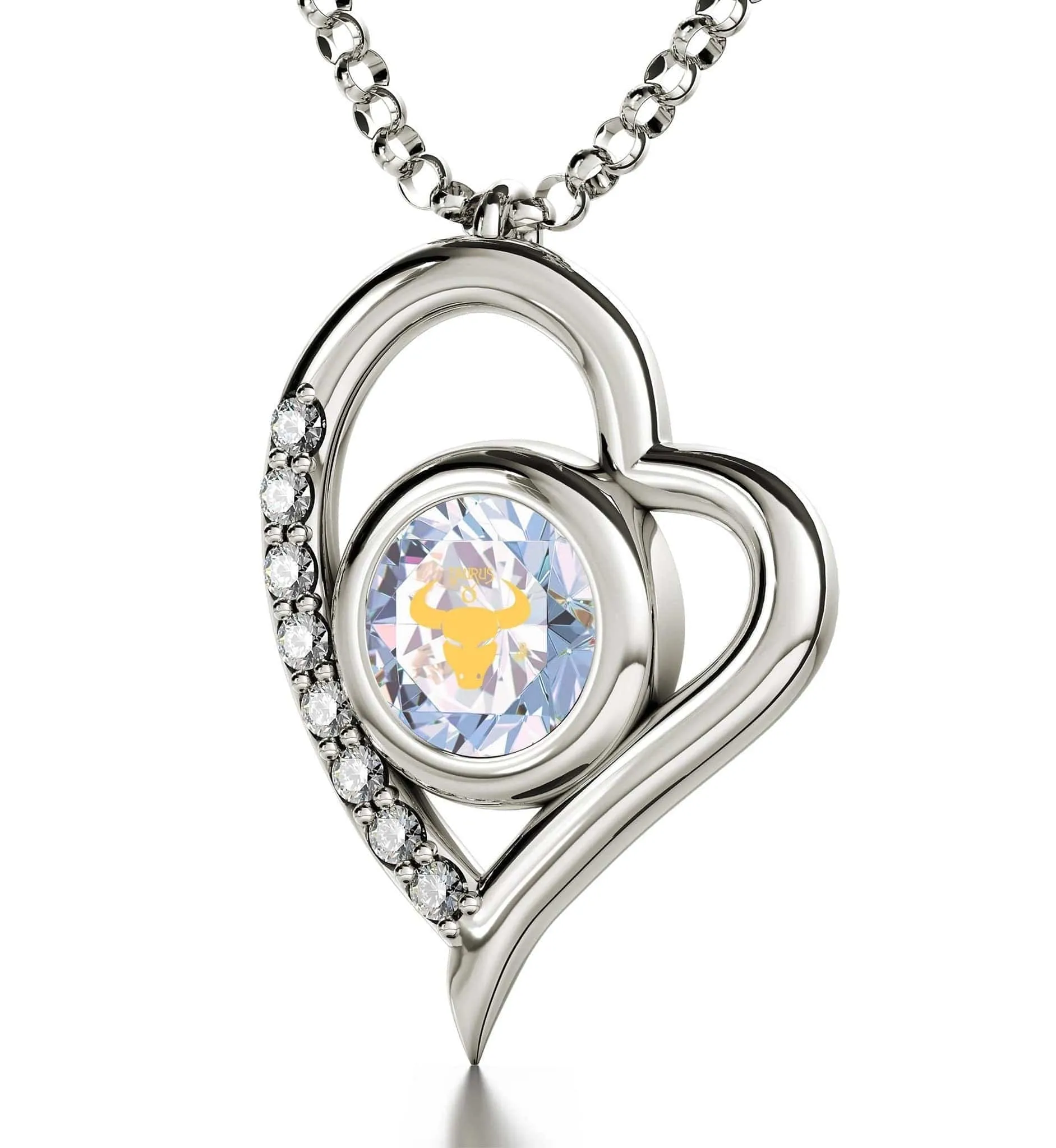 Taurus Sign, 14k White Gold Diamonds Necklace, Swarovski